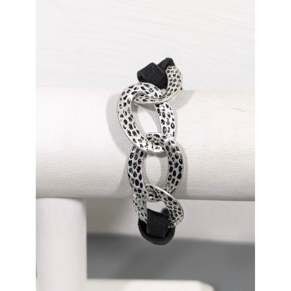 SHB‎ Hammered Chain Link Bracelet Black Faux Suede Cord Silver Tone 8"